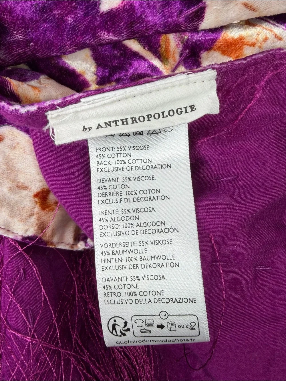 Anthropologie Valentina Velvet Purple Floral Fringe Throw Blanket 50